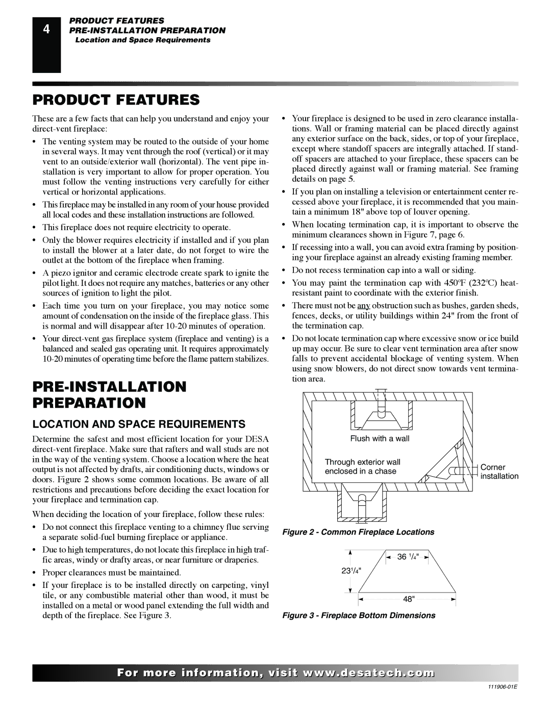 Desa VV42PB(1), CHDV42NR-B, V42P-A, V42N-A Product Features, PRE-INSTALLATION Preparation, Location and Space Requirements 