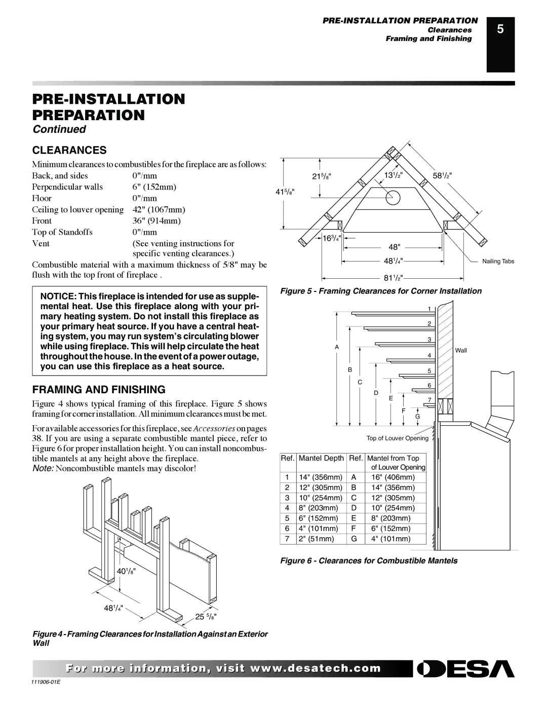 Desa CHDV42NR-B, V42P-A, V42N-A, VV42NB(1), VV42PB(1) installation manual Clearances, Framing and Finishing 