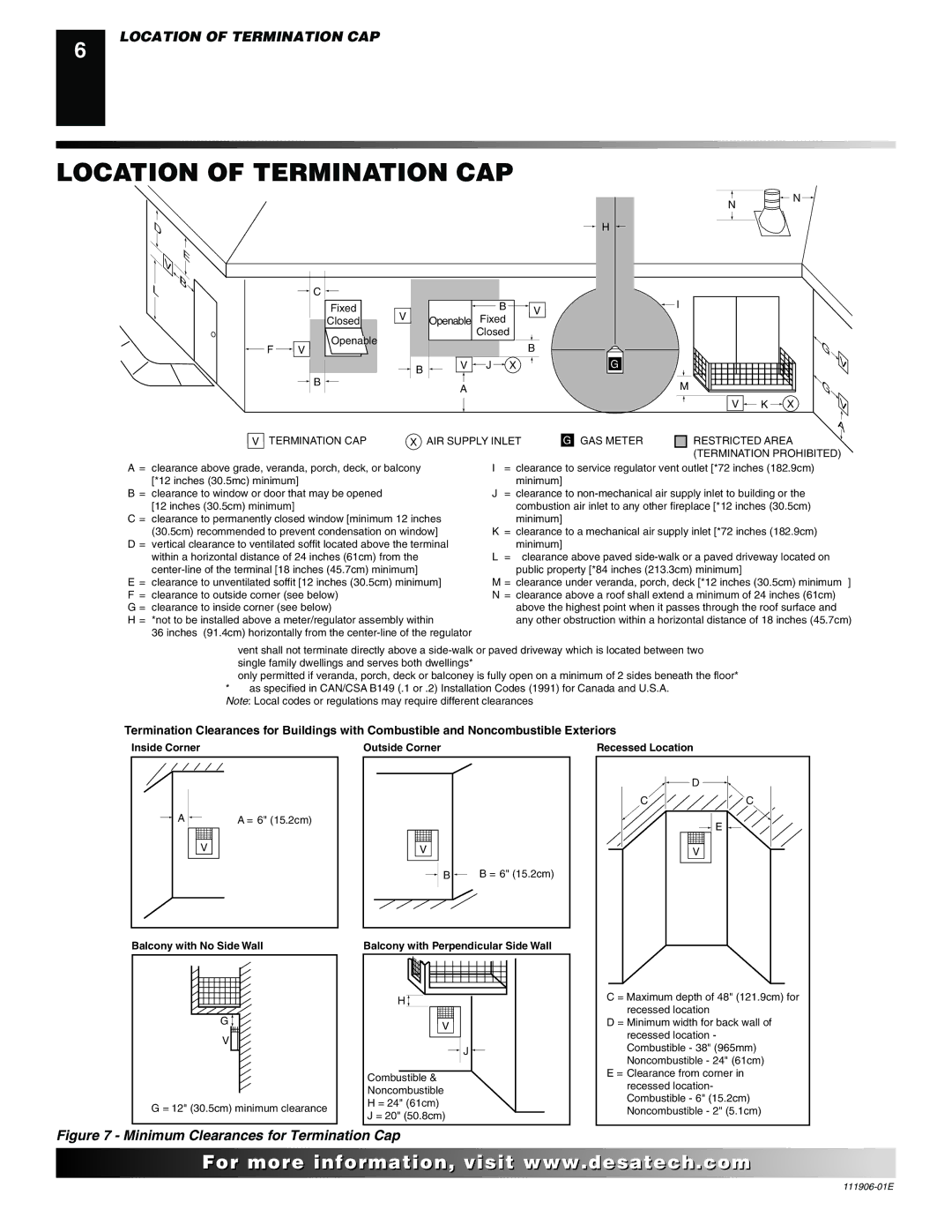 Desa V42P-A, CHDV42NR-B, V42N-A, VV42NB(1), VV42PB(1) Location of Termination CAP, Balcony with Perpendicular Side Wall 