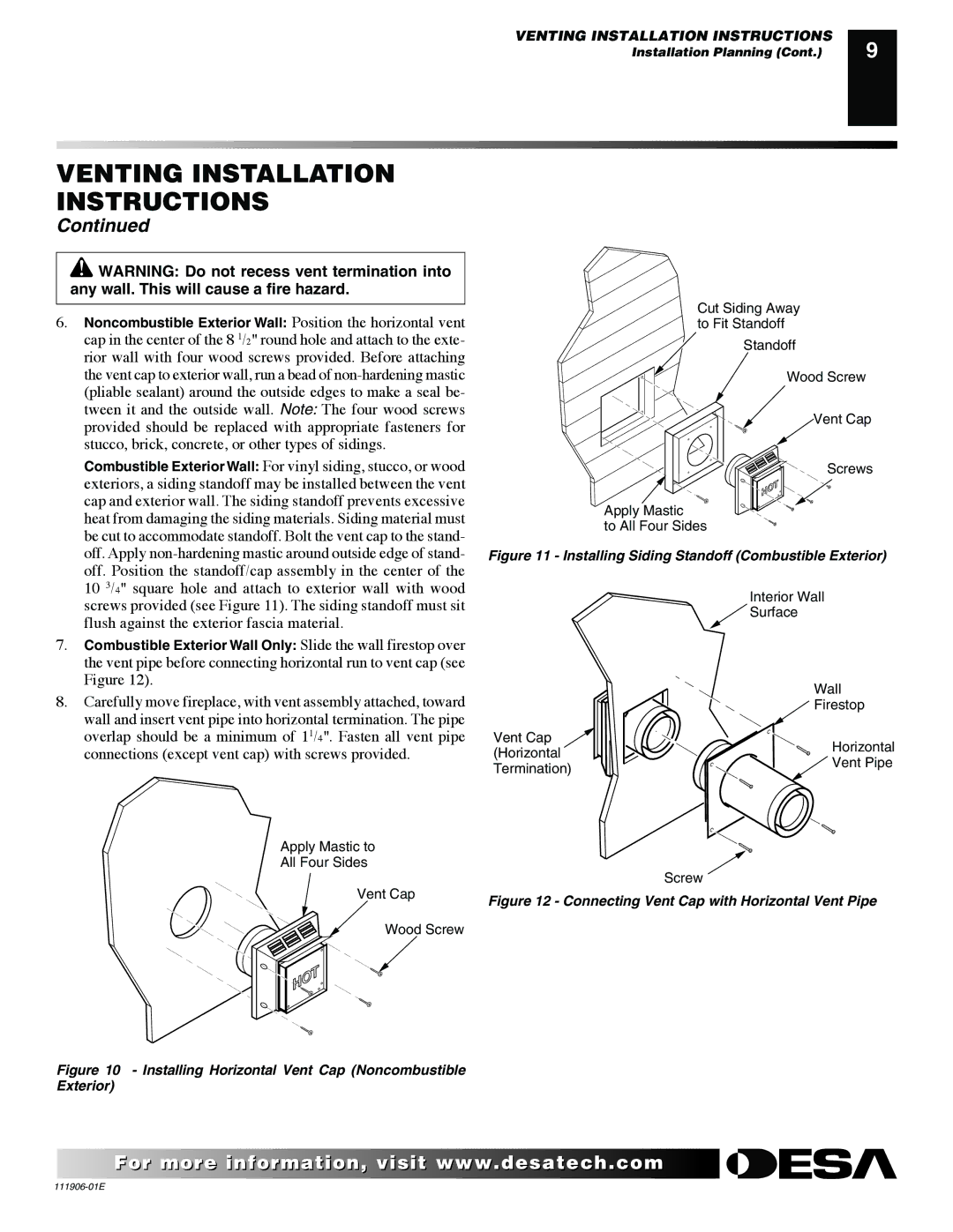 Desa VV42PB(1), CHDV42NR-B, V42P-A, V42N-A, VV42NB(1) Installing Horizontal Vent Cap Noncombustible Exterior 