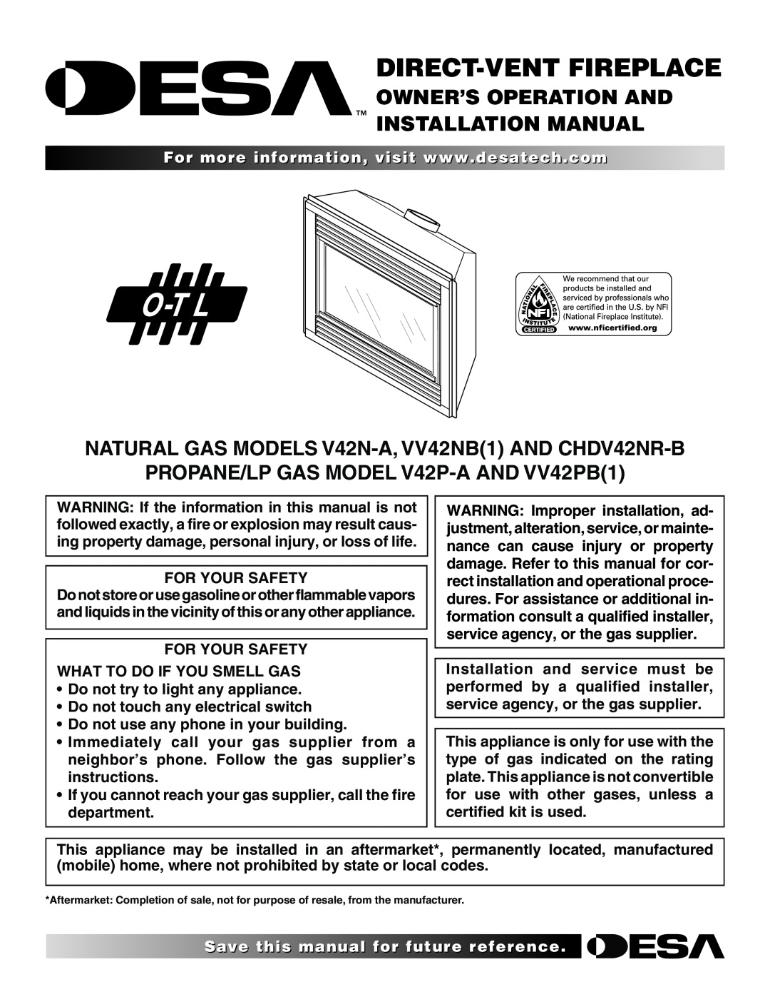 Desa CHDV42NR-B installation manual Owner’S Operation And Installation Manual, PROPANE/LP GAS MODEL V42P-A AND VV42PB1 