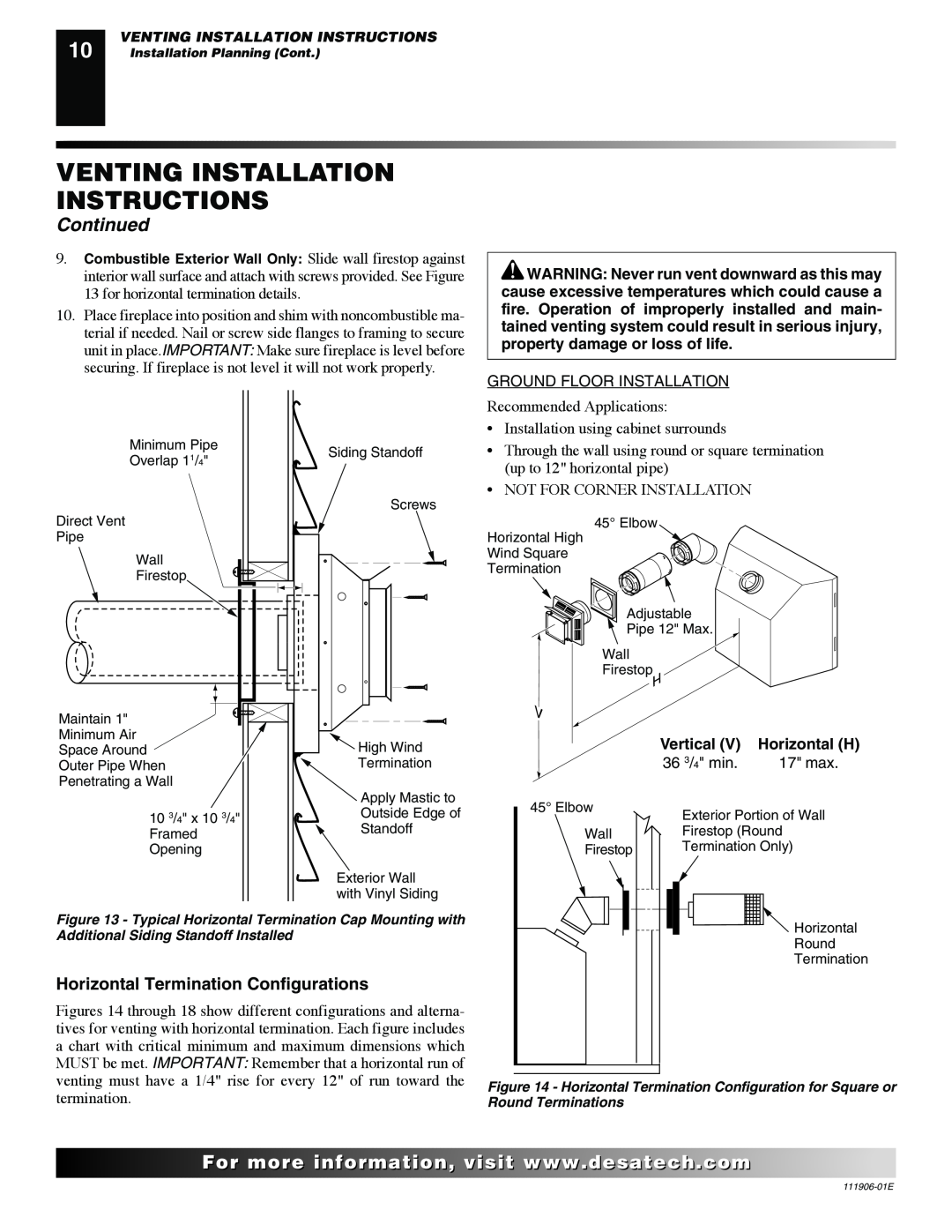 Desa CHDV42NR-B, V42P-A, V42N-A, VV42NB(1), VV42PB(1) Venting Installation Instructions, Continued, For..com, Vertical 