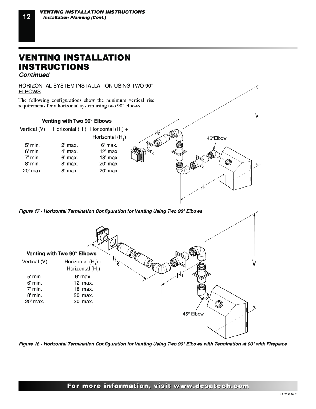 Desa V42N-A, CHDV42NR-B, V42P-A, VV42NB(1), VV42PB(1) Venting Installation Instructions, Continued, For..com, 45Elbow 