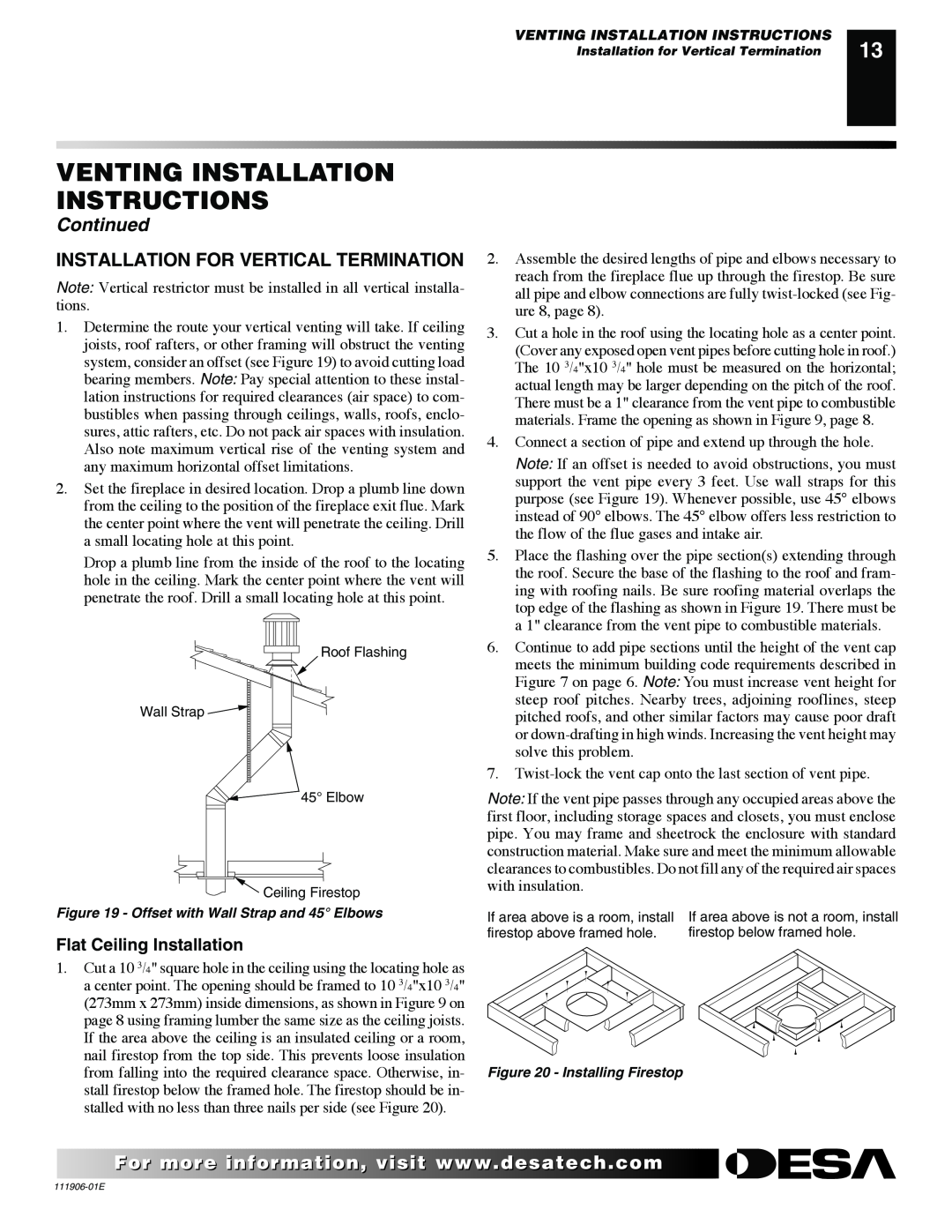 Desa VV42NB(1), CHDV42NR-B, V42P-A Installation For Vertical Termination, Venting Installation Instructions, Continued 