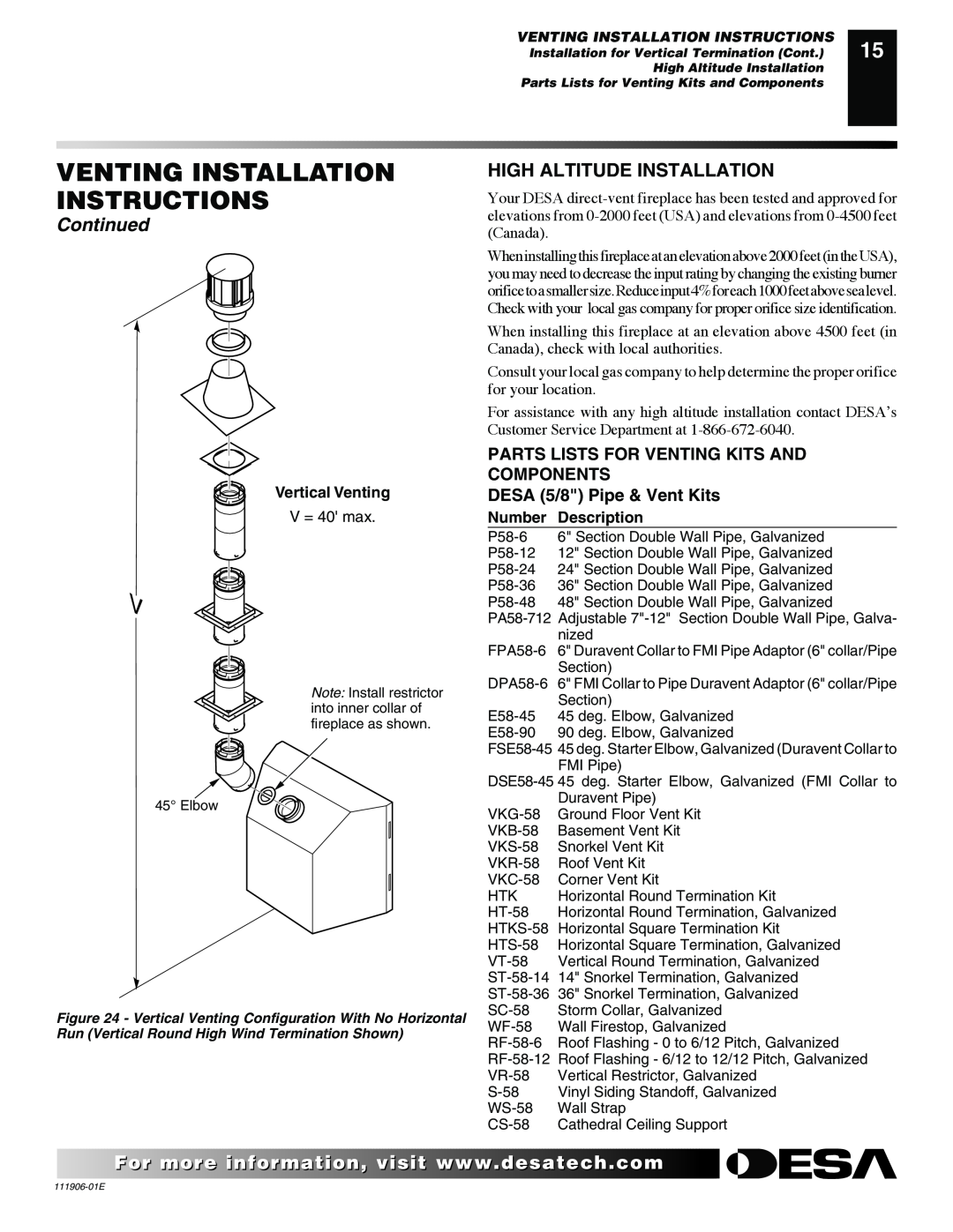 Desa CHDV42NR-B, V42P-A, V42N-A, VV42NB(1) High Altitude Installation, Venting Installation Instructions, Continued 