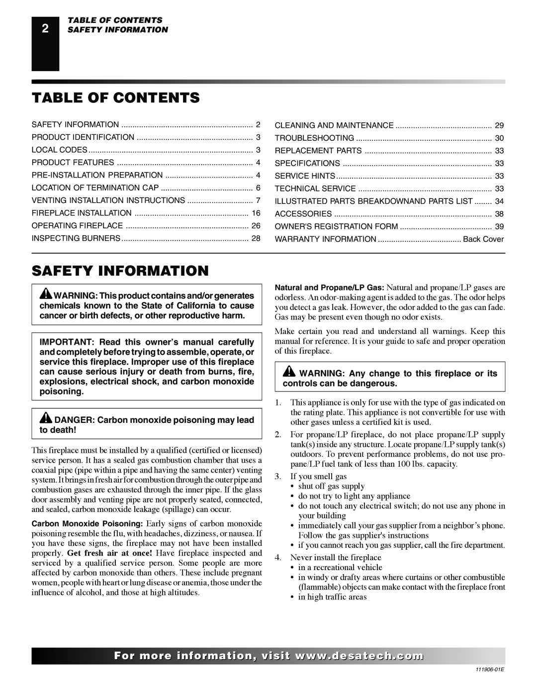 Desa V42N-A, CHDV42NR-B, V42P-A, VV42NB(1), VV42PB(1) installation manual Table Of Contents, Safety Information, For..com 