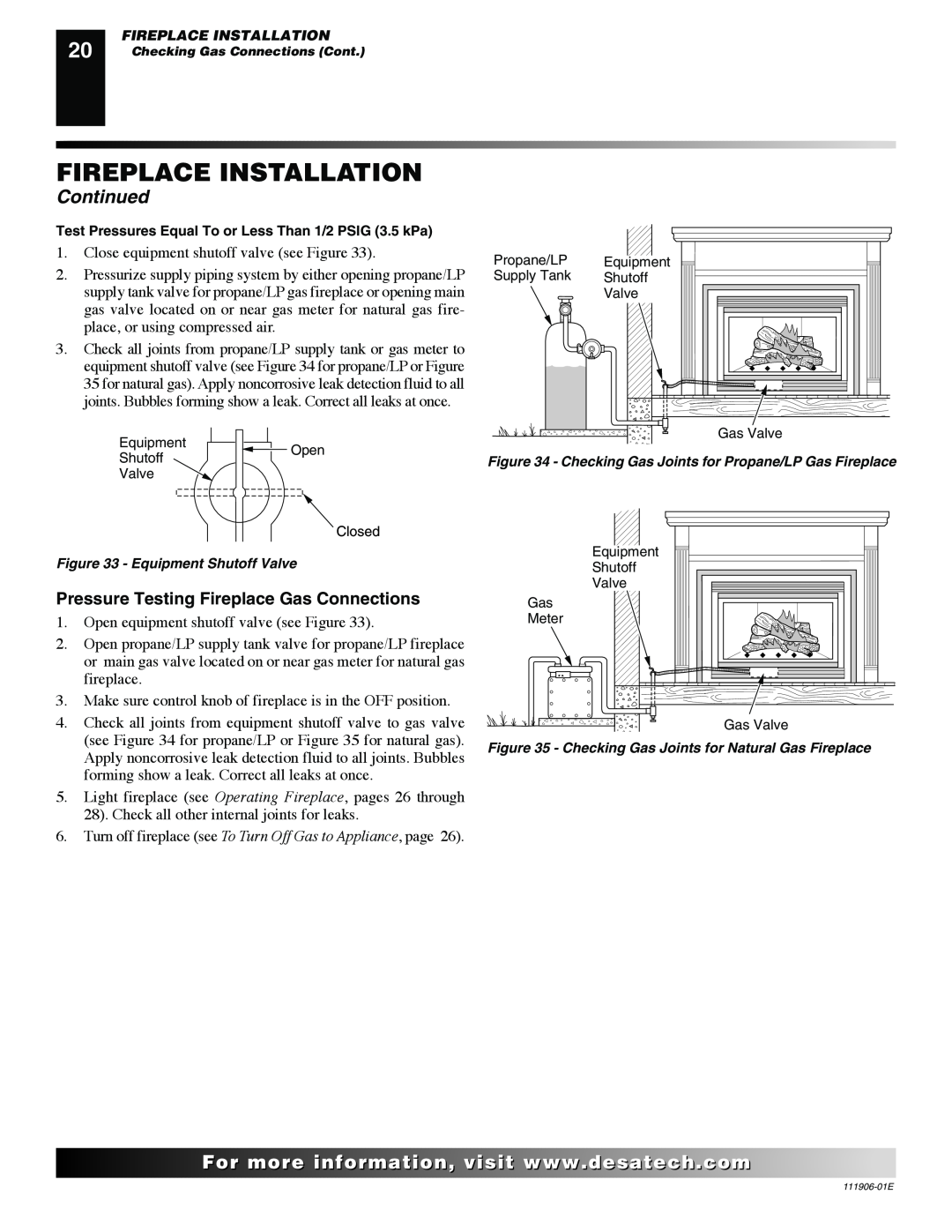 Desa CHDV42NR-B, V42P-A, V42N-A Fireplace Installation, Continued, For..com, Pressure Testing Fireplace Gas Connections 