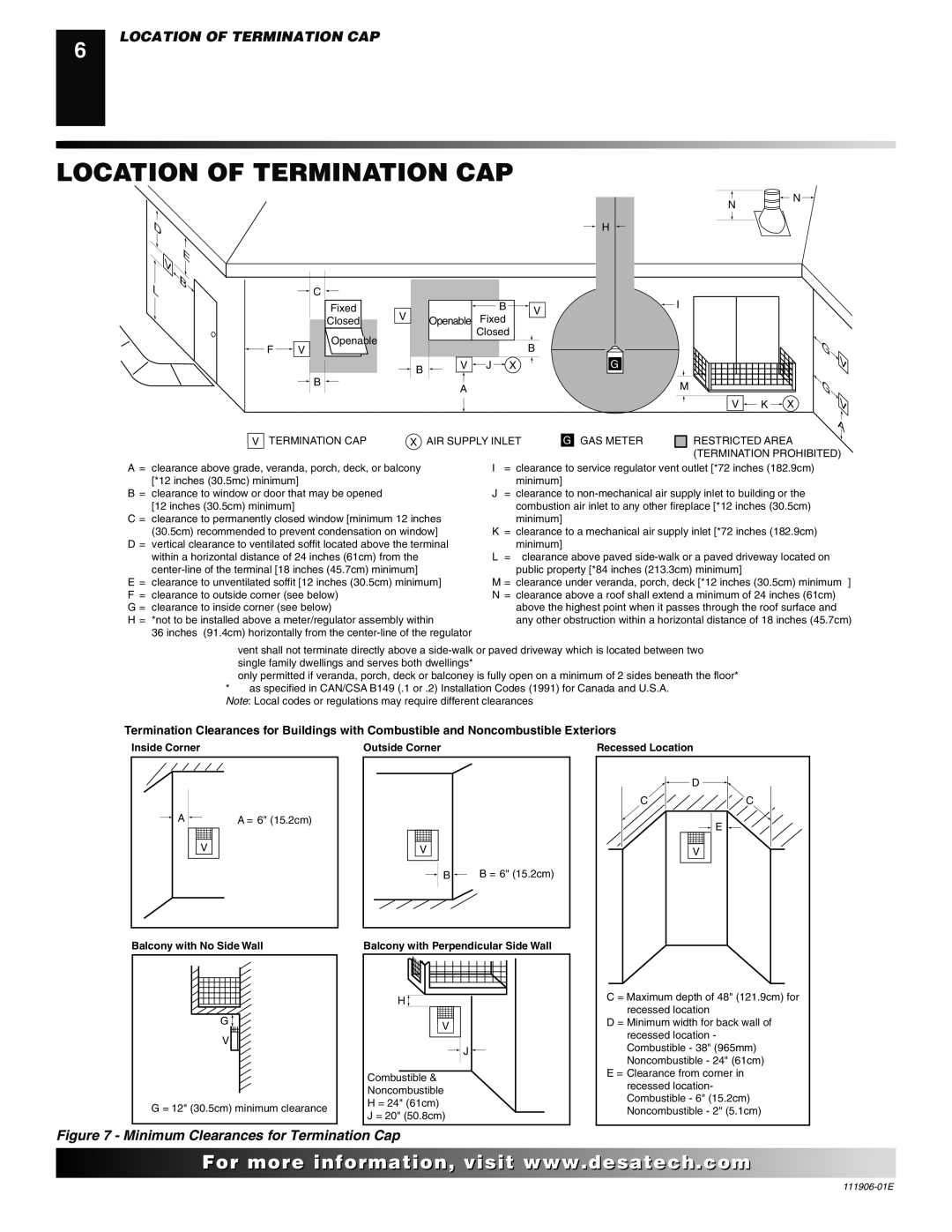 Desa V42P-A Location Of Termination Cap, D E B L, V G V A, For..com, Minimum Clearances for Termination Cap, Inside Corner 