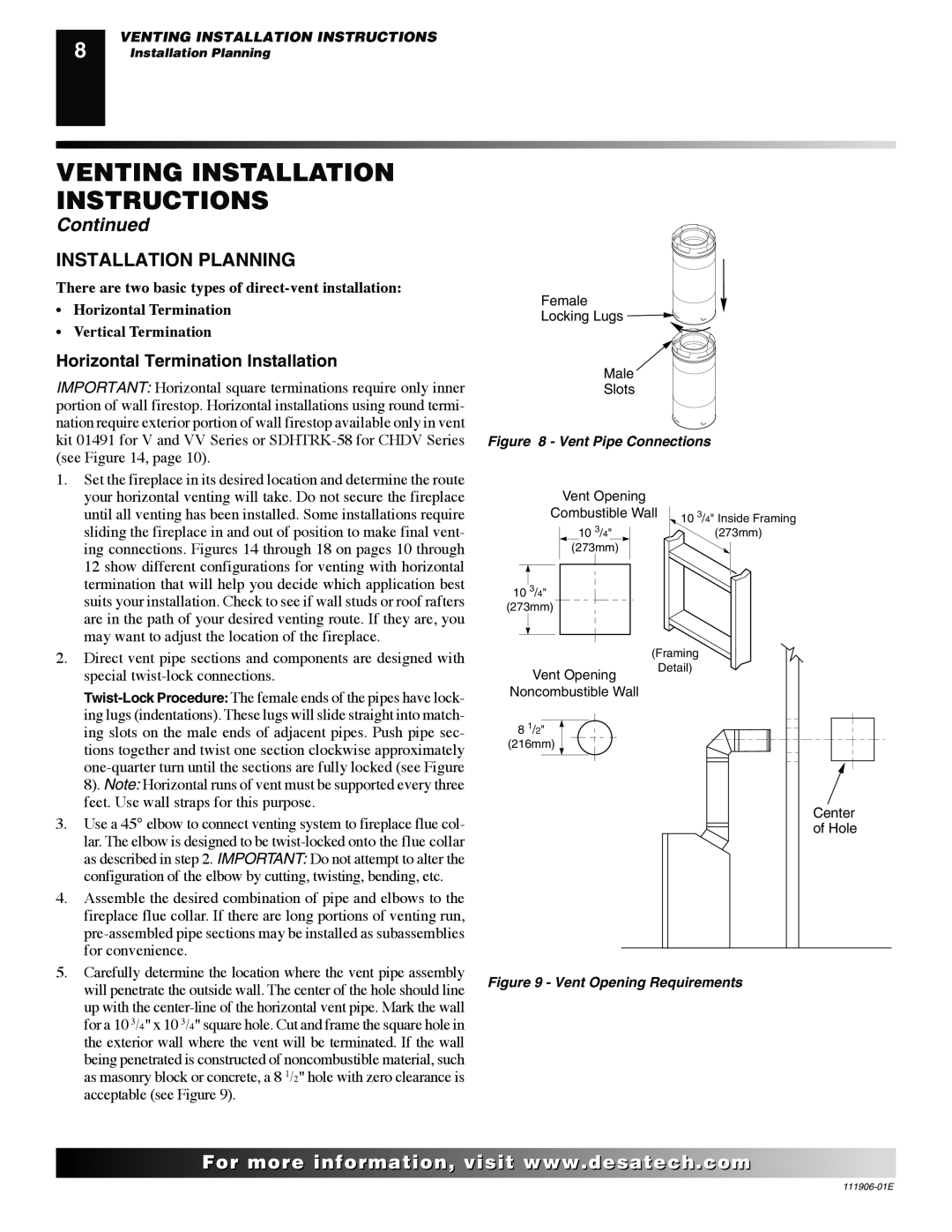 Desa VV42NB(1), CHDV42NR-B, V42P-A, V42N-A Installation Planning, Venting Installation Instructions, Continued, For..com 