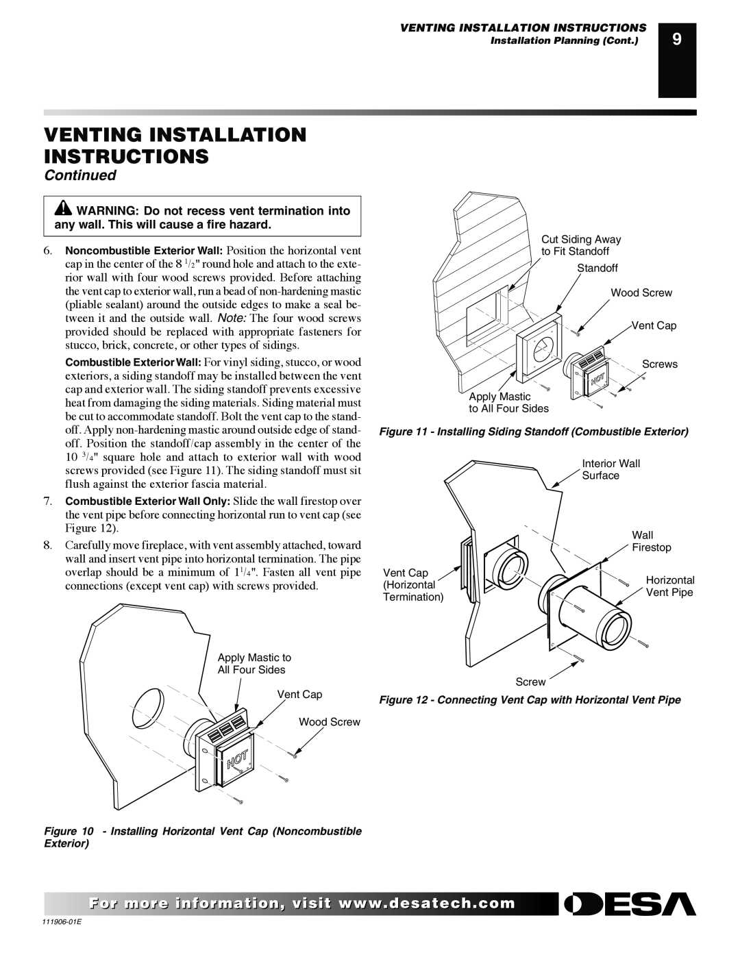 Desa VV42PB(1) Venting Installation Instructions, Continued, Installing Horizontal Vent Cap Noncombustible Exterior 