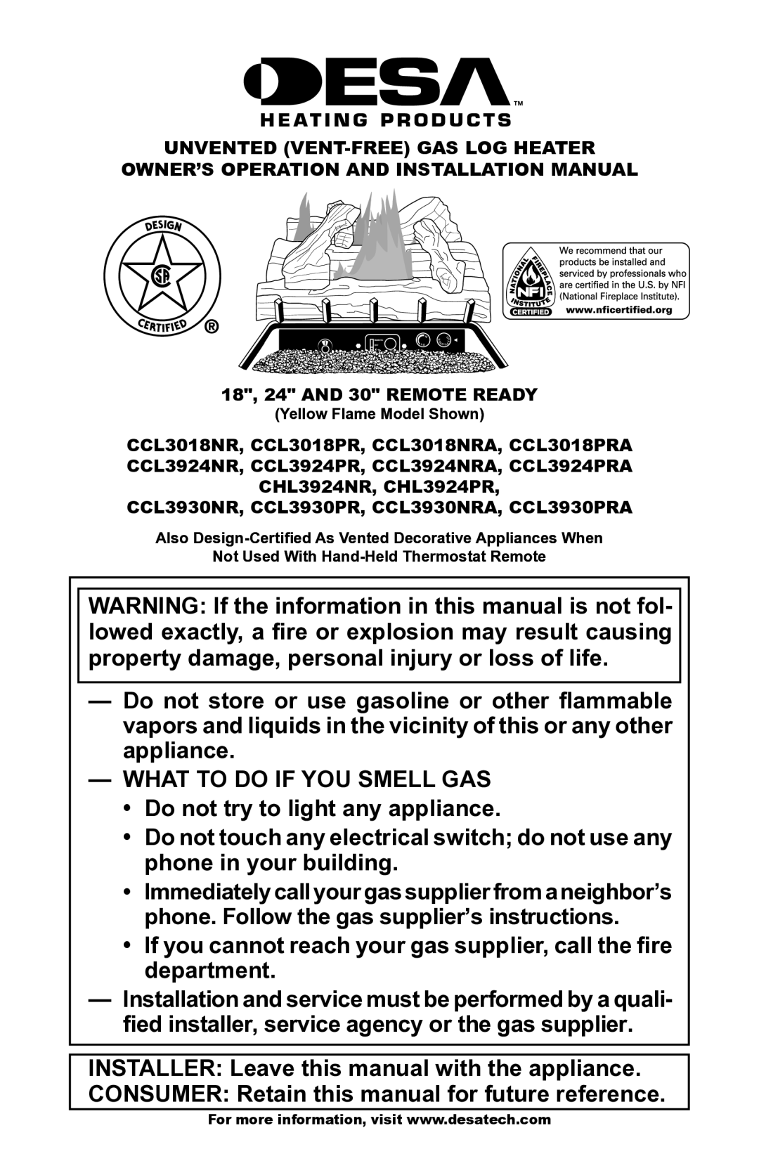 Desa CHL3924NR installation manual 18, 24 and 30 Remote Ready, Yellow Flame Model Shown 