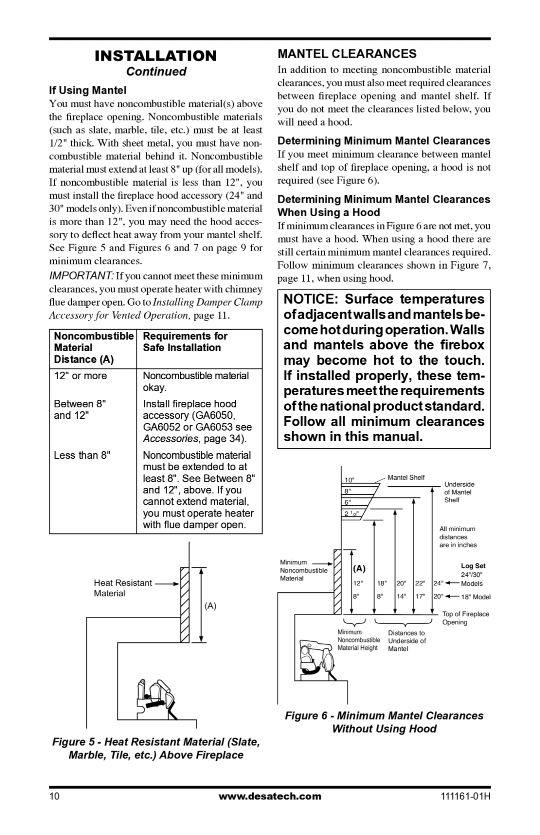 Desa CHL3924NR installation manual Mantel Clearances, If Using Mantel 