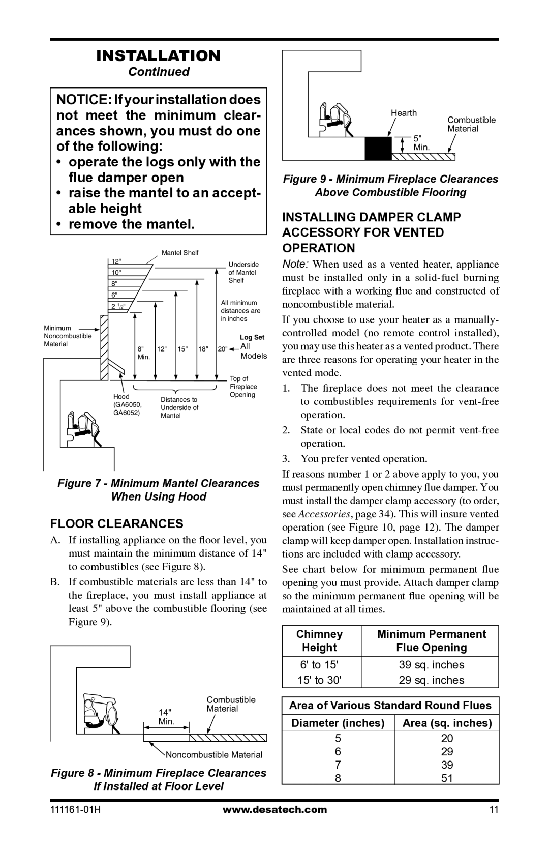 Desa CHL3924NR Floor Clearances, Installing Damper Clamp Accessory for Vented Operation, Chimney Minimum Permanent, 15 to 