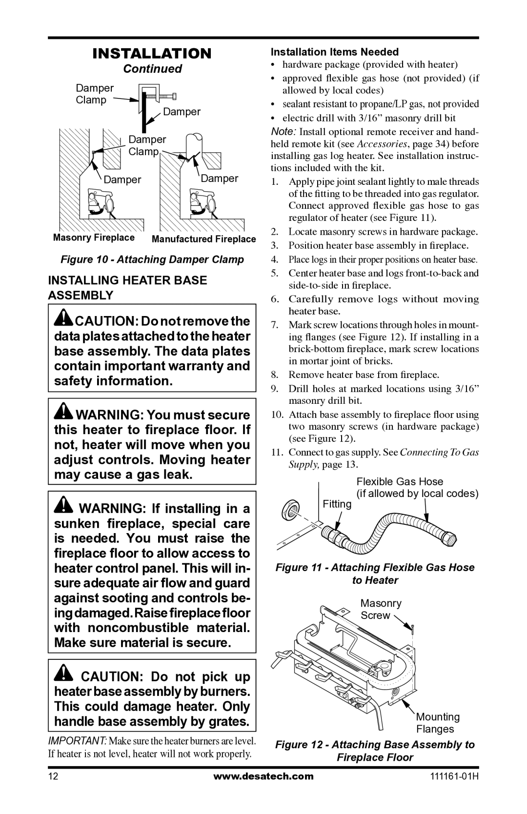 Desa CHL3924NR installation manual Installing Heater Base Assembly, Installation Items Needed 