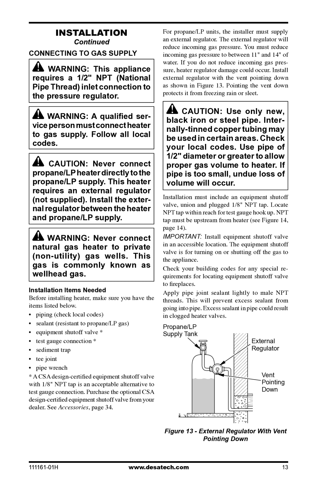 Desa CHL3924NR installation manual Connecting to GAS Supply, External Regulator With Vent Pointing Down 