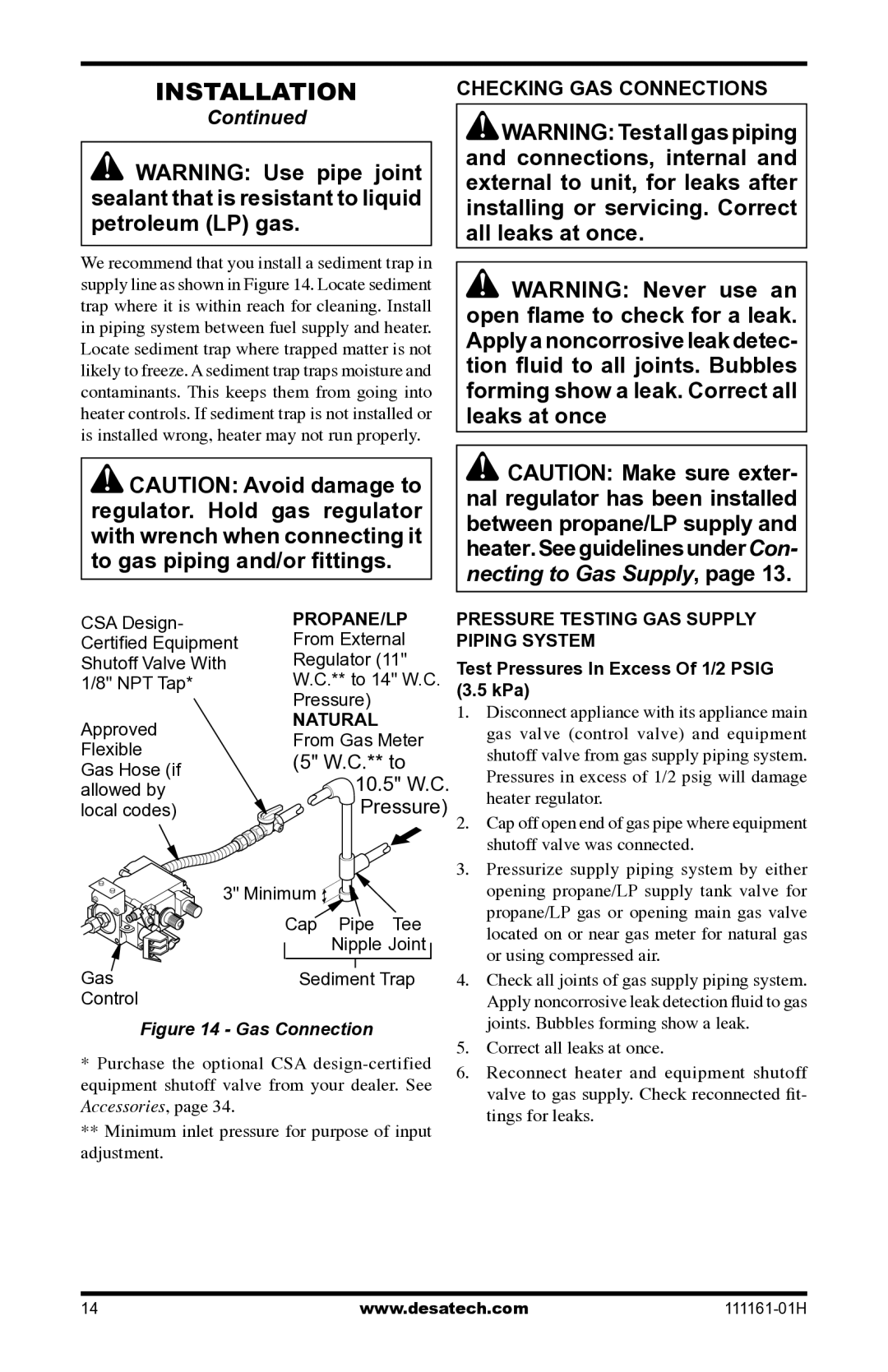 Desa CHL3924NR installation manual Checking GAS Connections, Propane/LP, Natural 