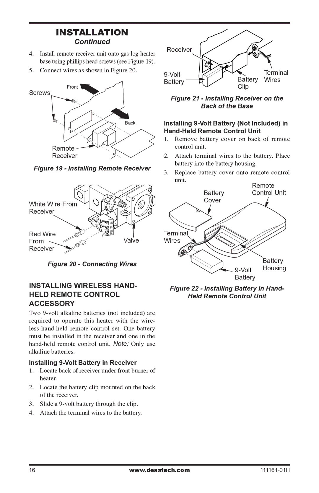 Desa CHL3924NR Installing Wireless hand- Held Remote control, Accessory, Installing 9-Volt Battery in Receiver 