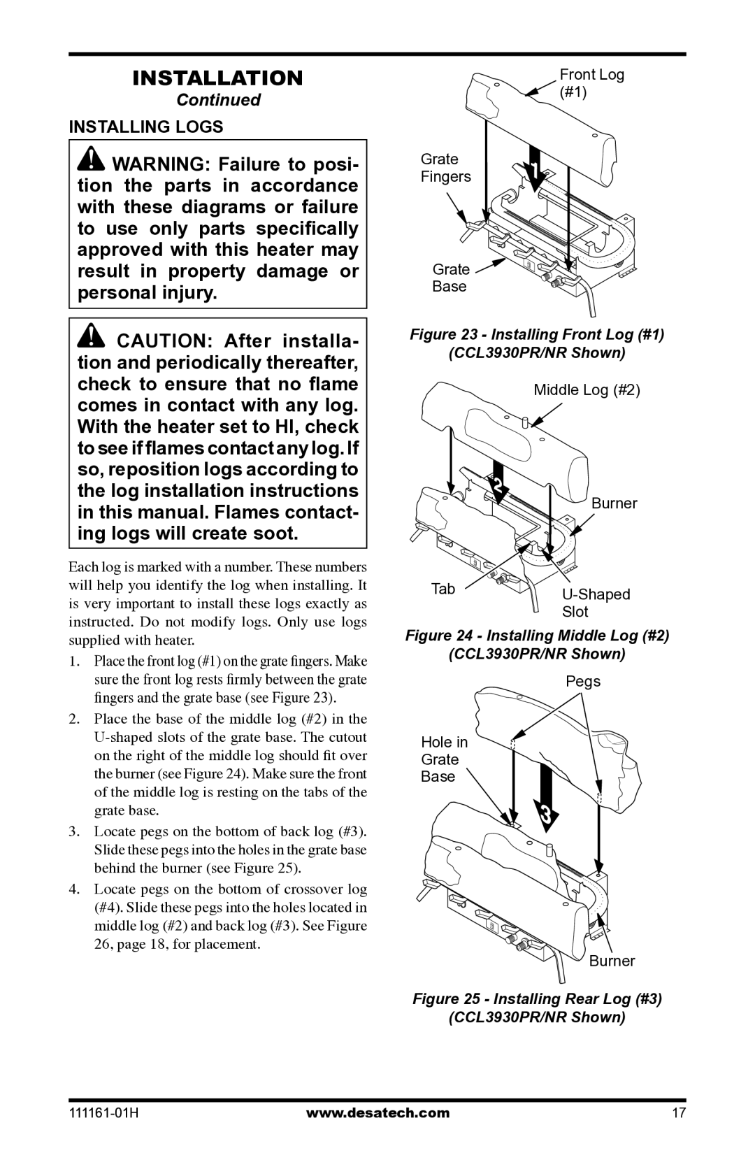 Desa CHL3924NR installation manual Installing Logs, Installing Front Log #1 CCL3930PR/NR Shown 