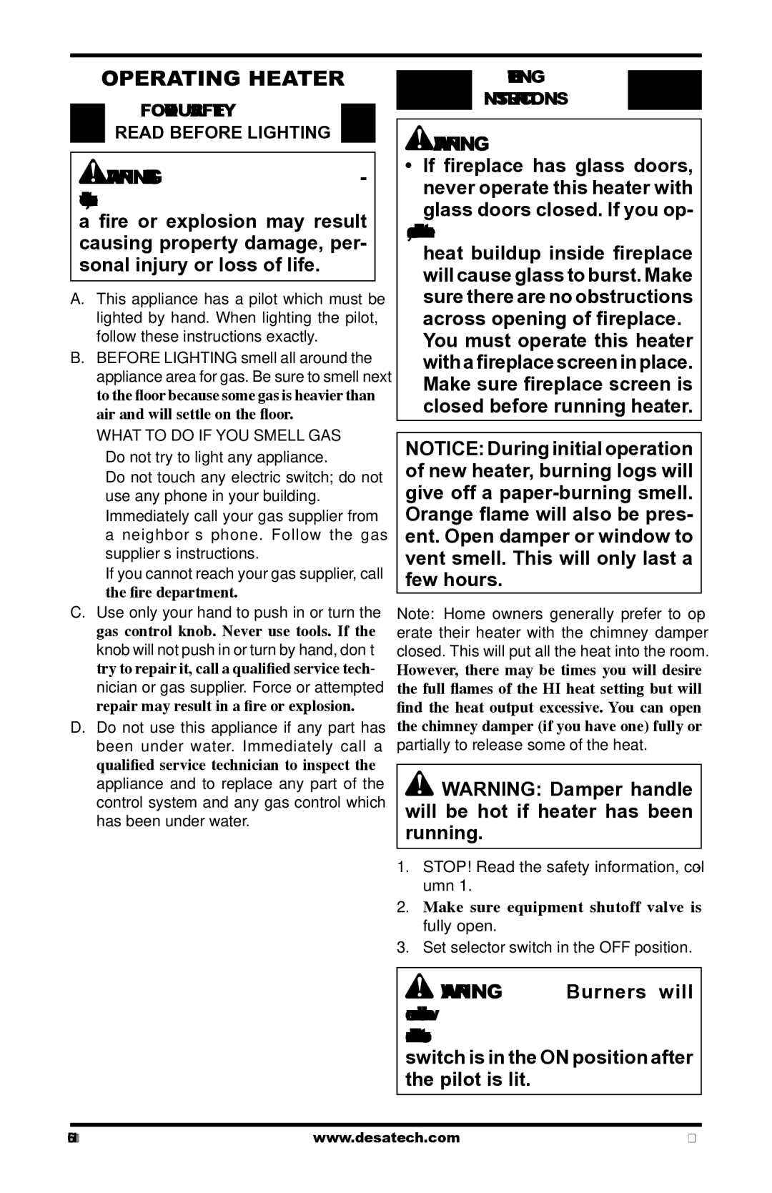 Desa CHL3924NR installation manual Operating Heater, For Your Safety Read Before Lighting, Lighting Instructions 