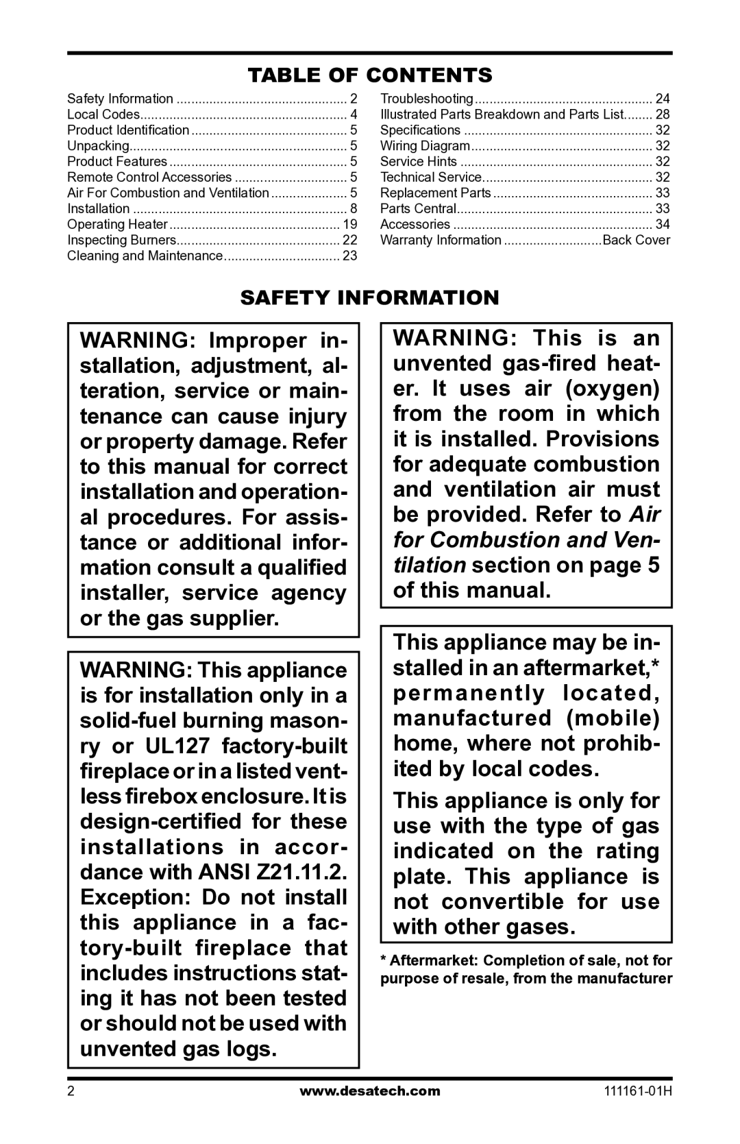 Desa CHL3924NR installation manual Table of Contents, Safety Information 