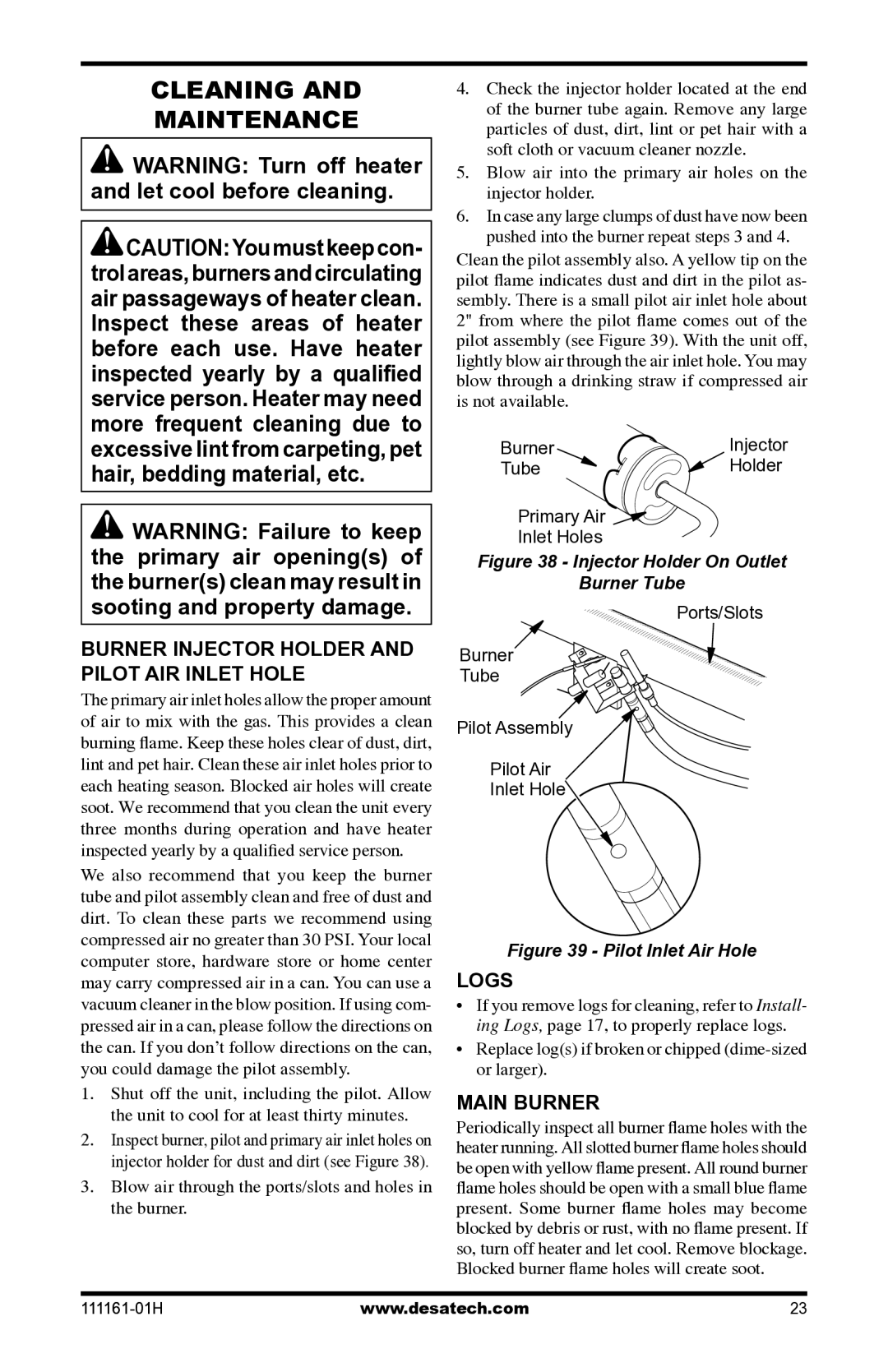 Desa CHL3924NR installation manual Cleaning Maintenance, Burner Injector Holder and Pilot Air Inlet Hole, Logs, Main burner 