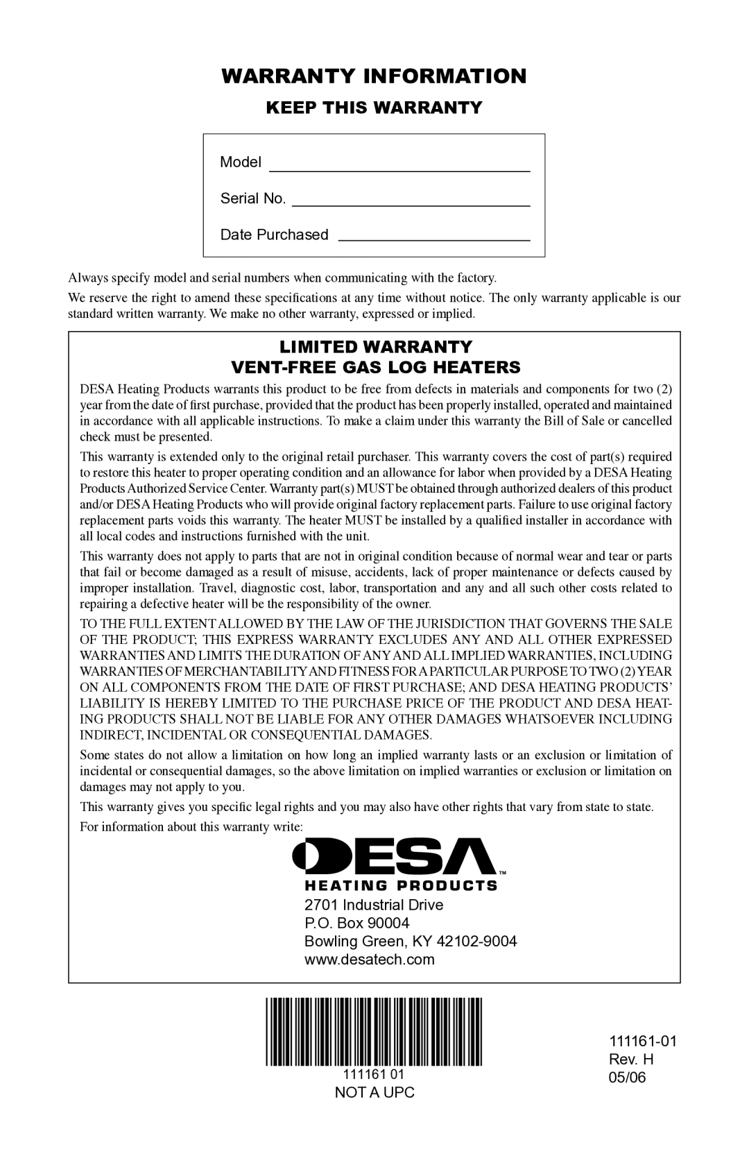 Desa CHL3924NR installation manual Warranty Information, Keep this Warranty, Limited Warranty VENT-FREE GAS LOG Heaters 