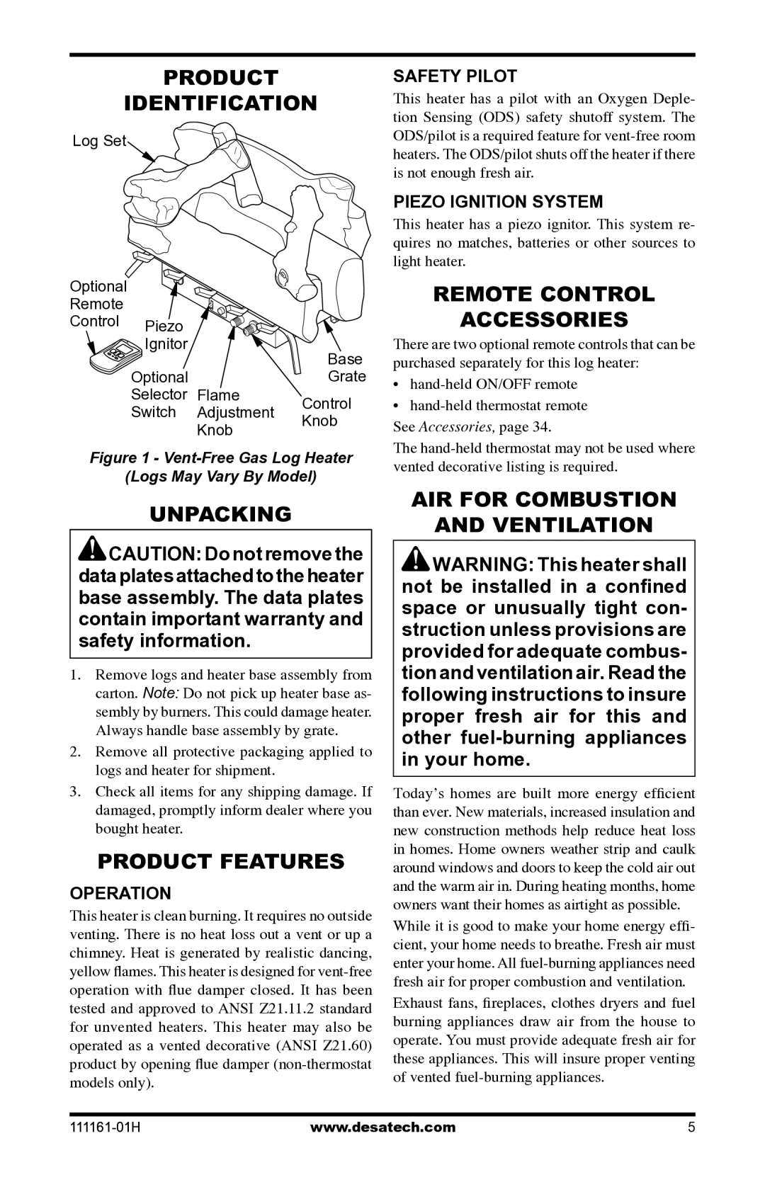 Desa CHL3924NR installation manual Product Identification, Unpacking, Product Features, Remote Control Accessories 