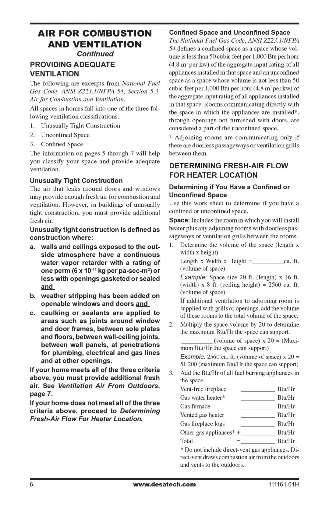 Desa CHL3924NR installation manual Providing Adequate Ventilation, Determining FRESH-AIR Flow for Heater Location 