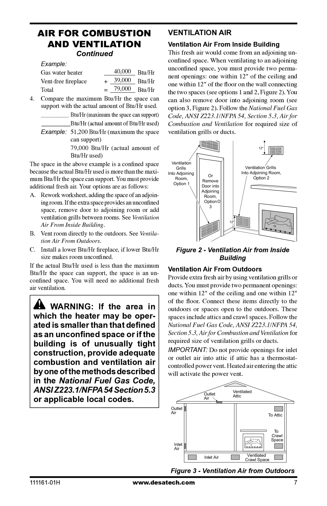 Desa CHL3924NR installation manual Ventilation AIR, Ventilation Air From Inside Building, Ventilation Air From Outdoors 