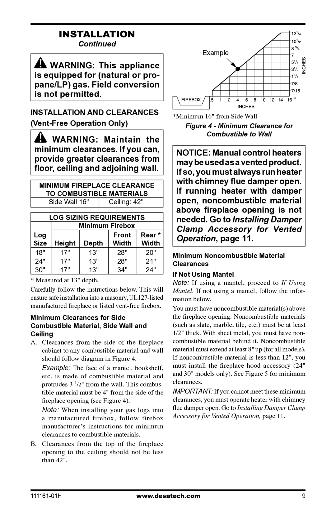 Desa CHL3924NR Installation and Clearances, Vent-Free Operation Only, Minimum Fireplace Clearance To Combustible Materials 
