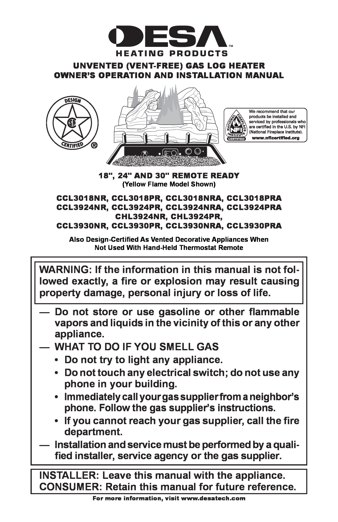 Desa CHL3924NR installation manual What To Do If You Smell Gas 