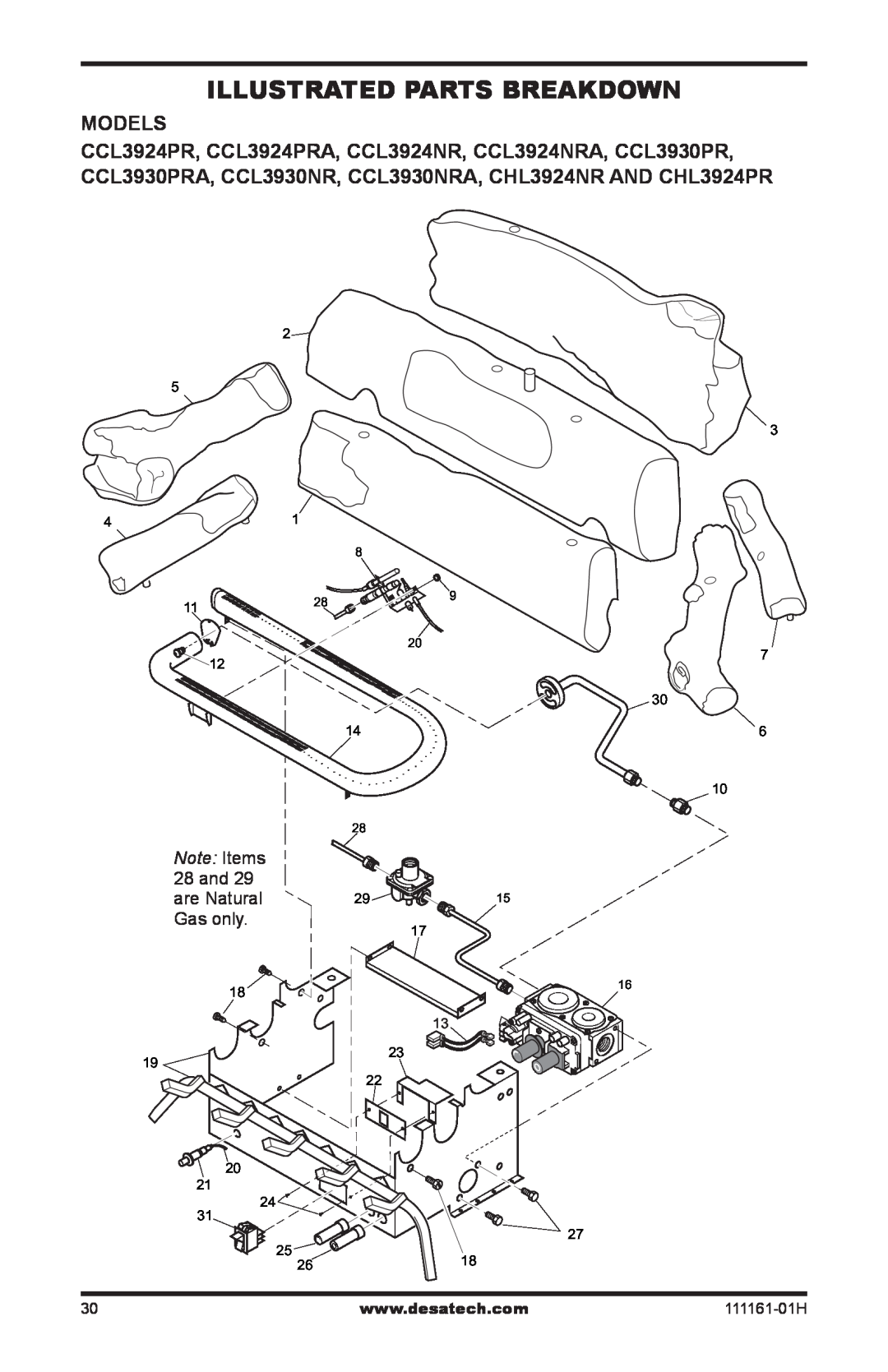 Desa CHL3924NR installation manual Illustrated Parts Breakdown, Models, Note Items, 28 and, are Natural, Gas only 