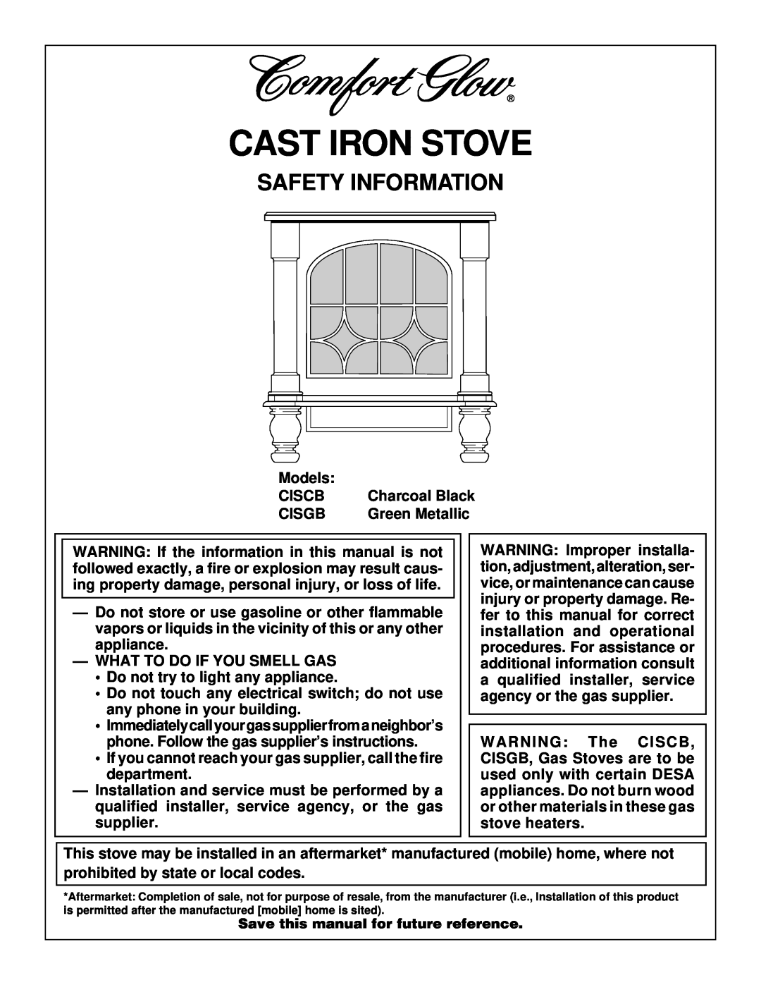 Desa CISCB manual Cast Iron Stove, Safety Information 