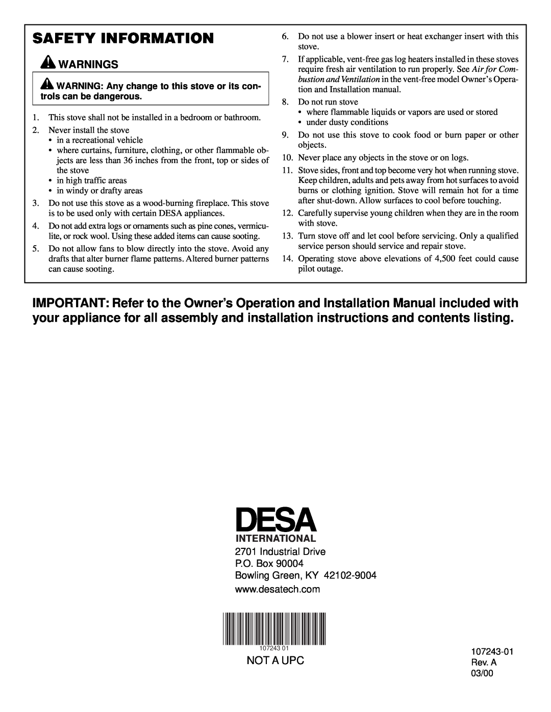 Desa CISCB manual Safety Information, Not A Upc, Industrial Drive P.O. Box, International 