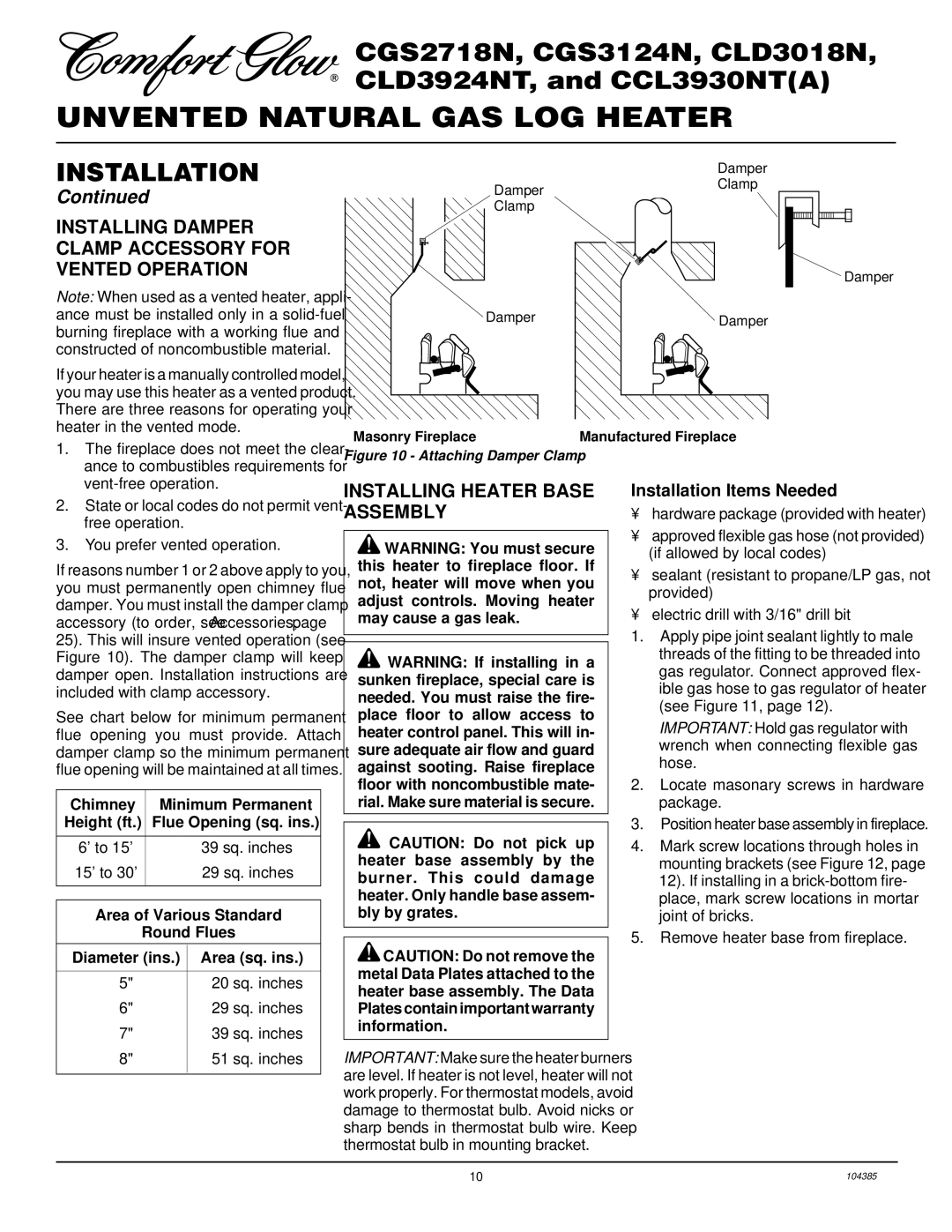 Desa CLD3924NT, CLD3018N Installing Damper Clamp Accessory for Vented Operation, Installing Heater Base Assembly 