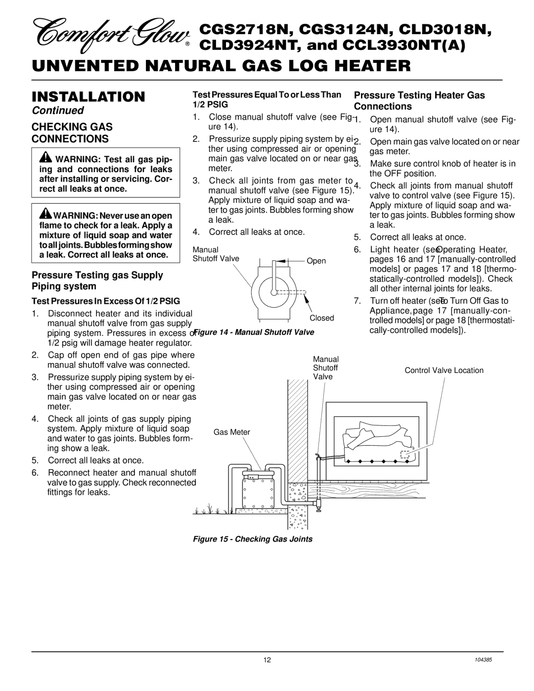 Desa CLD3018N Checking GAS Connections, Pressure Testing gas Supply Piping system, Pressure Testing Heater Gas Connections 