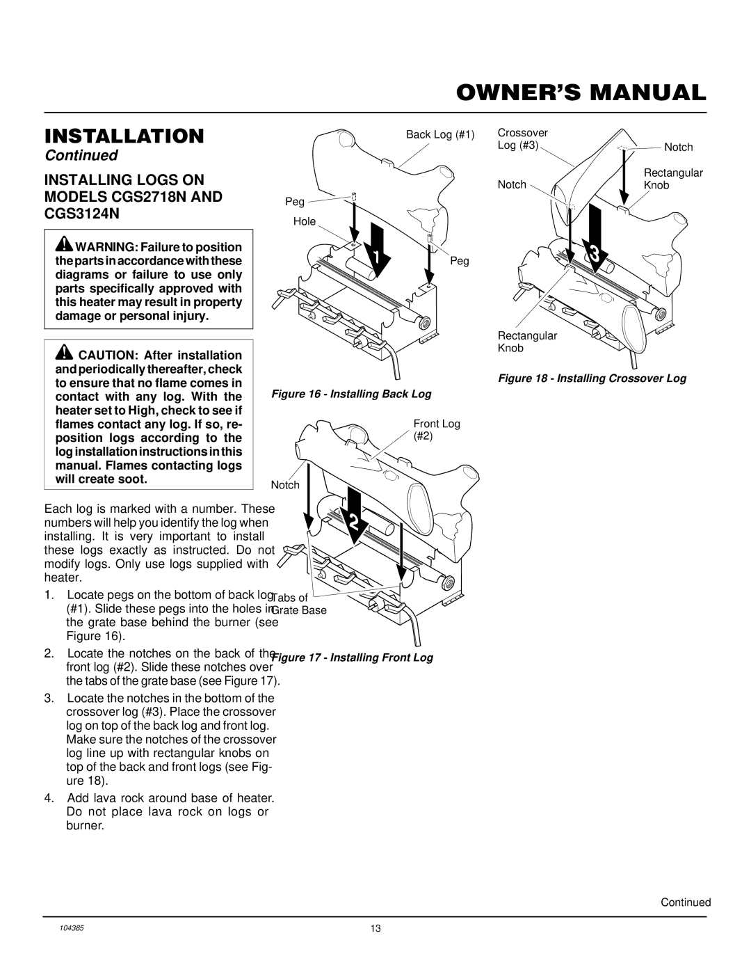 Desa CLD3924NT, CLD3018N, CCL3930NT(A) Installing Logs on Models CGS2718N and CGS3124N, Installing Back Log 