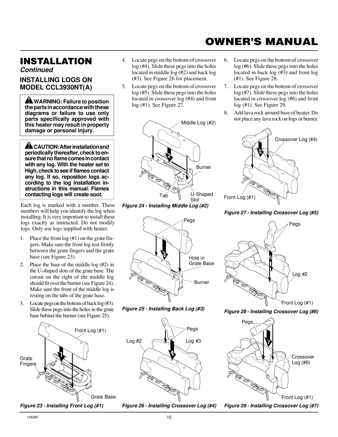 Desa CLD3018N, CLD3924NT, CCL3930NT(A) Installing Logs on Model CCL3930NTA, Front Log #1 Grate Fingers Grate Base 