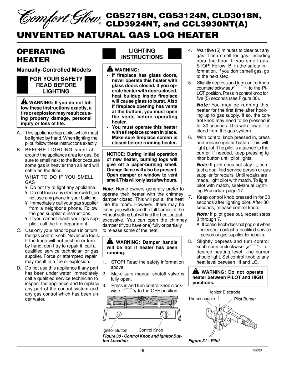 Desa CLD3924NT, CLD3018N, CCL3930NT(A) Operating Heater, For Your Safety Read Before Lighting, Lighting Instructions 