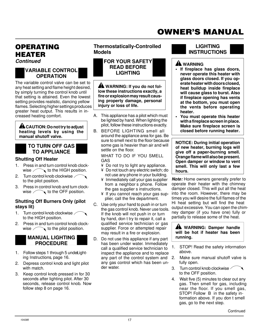 Desa CCL3930NT(A) Variable Control Operation, To Turn OFF GAS To Appliance, Manual Lighting Procedure, Shutting Off Heater 