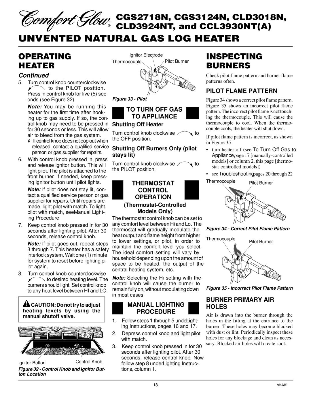 Desa CLD3018N, CLD3924NT Inspecting Burners, Thermostat Control Operation, Pilot Flame Pattern, Burner Primary AIR Holes 