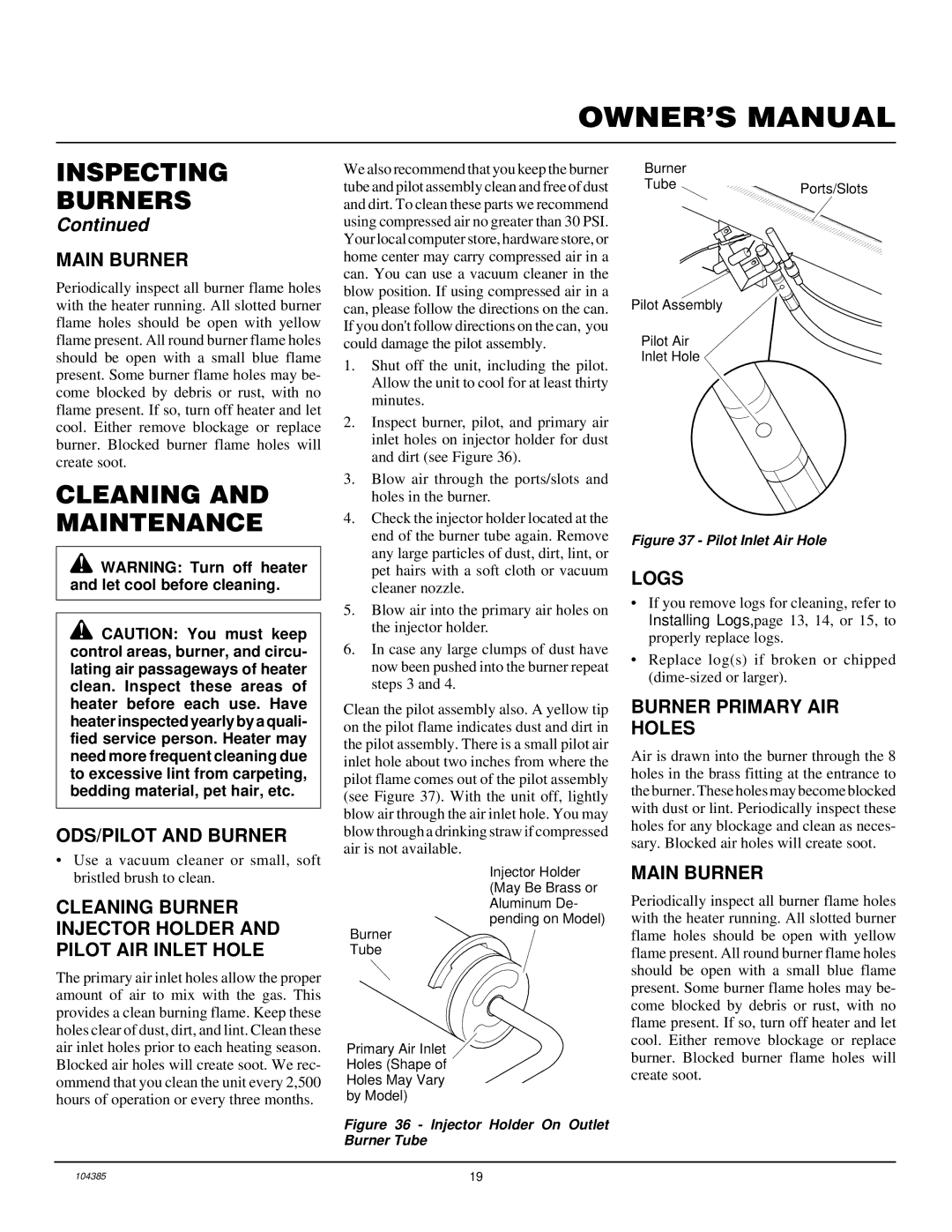 Desa CLD3924NT, CLD3018N, CCL3930NT(A) installation manual Cleaning and Maintenance, Main Burner, ODS/PILOT and Burner, Logs 