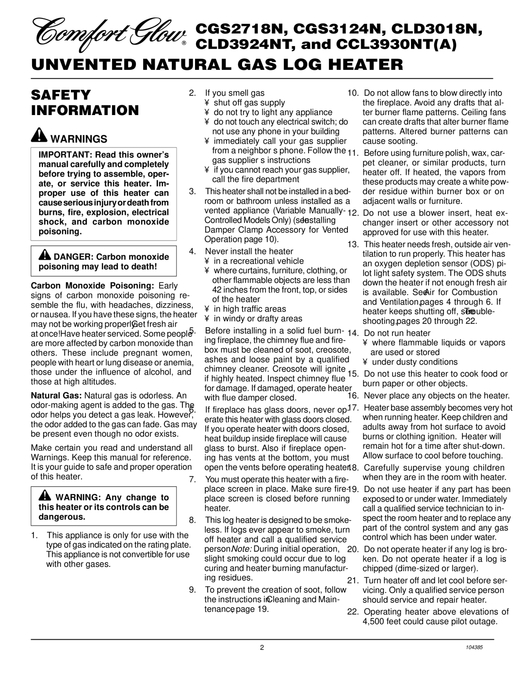 Desa CCL3930NT(A), CLD3018N, CLD3924NT installation manual Unvented Natural GAS LOG Heater, Safety Information 