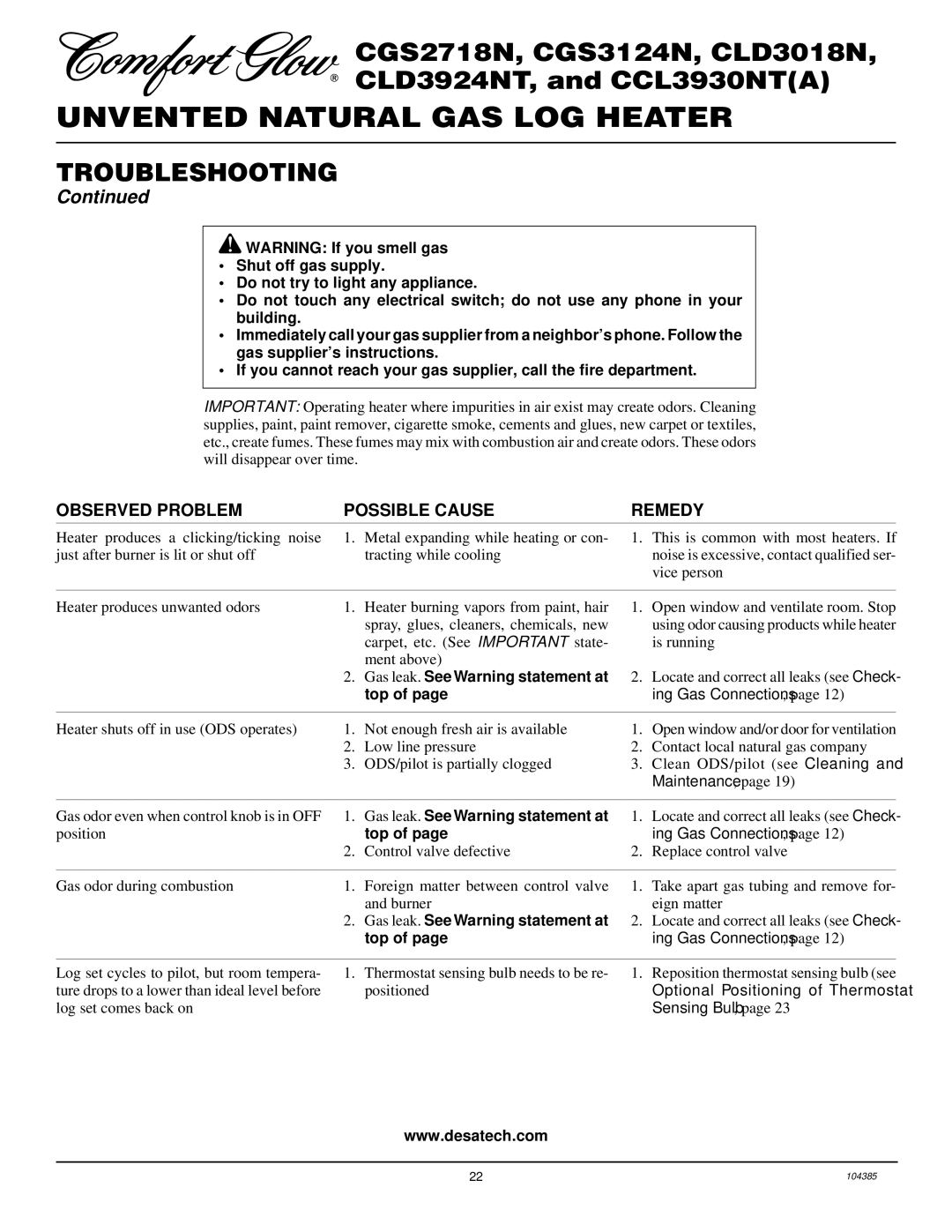 Desa CLD3924NT, CLD3018N, CCL3930NT(A) installation manual Top, Gas leak. See Warning statement at 