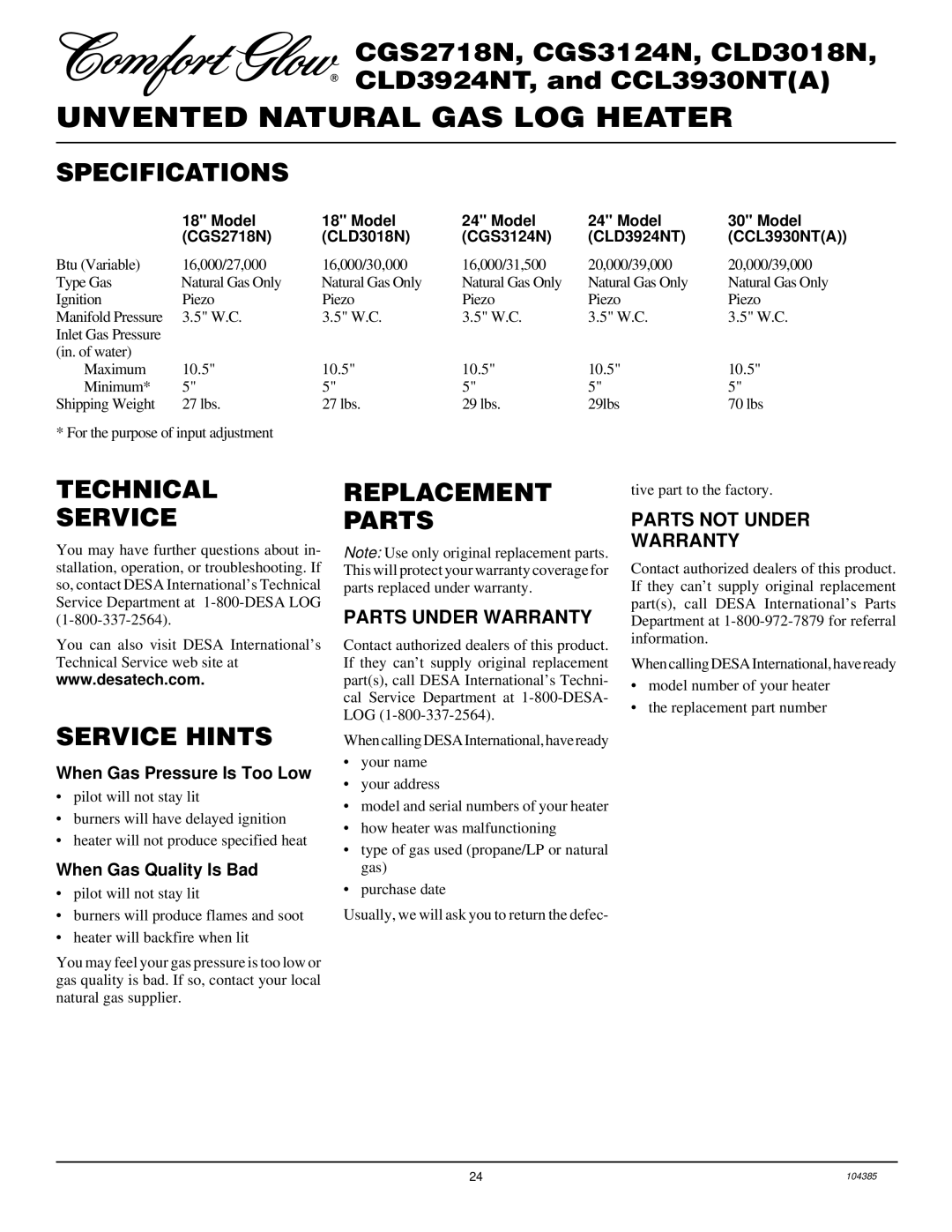 Desa CLD3018N, CLD3924NT, CCL3930NT(A) Specifications, Technical Service, Service Hints, Replacement Parts 