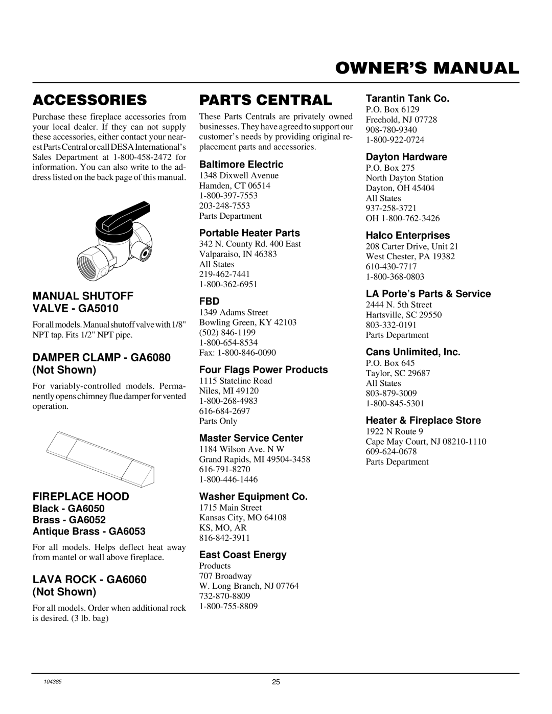 Desa CLD3924NT, CLD3018N, CCL3930NT(A) installation manual Accessories, Parts Central, Manual Shutoff, Fireplace Hood 