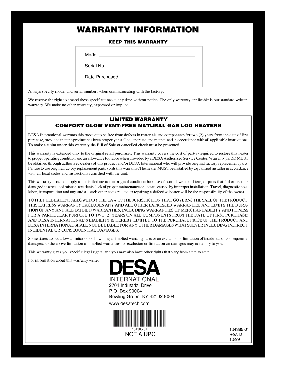 Desa CLD3924NT, CLD3018N, CCL3930NT(A) installation manual Warranty Information 