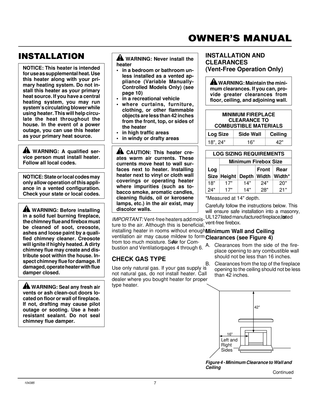 Desa CLD3924NT, CLD3018N, CCL3930NT(A) Installation, Check GAS Type, Minimum Wall and Ceiling Clearances see Figure 