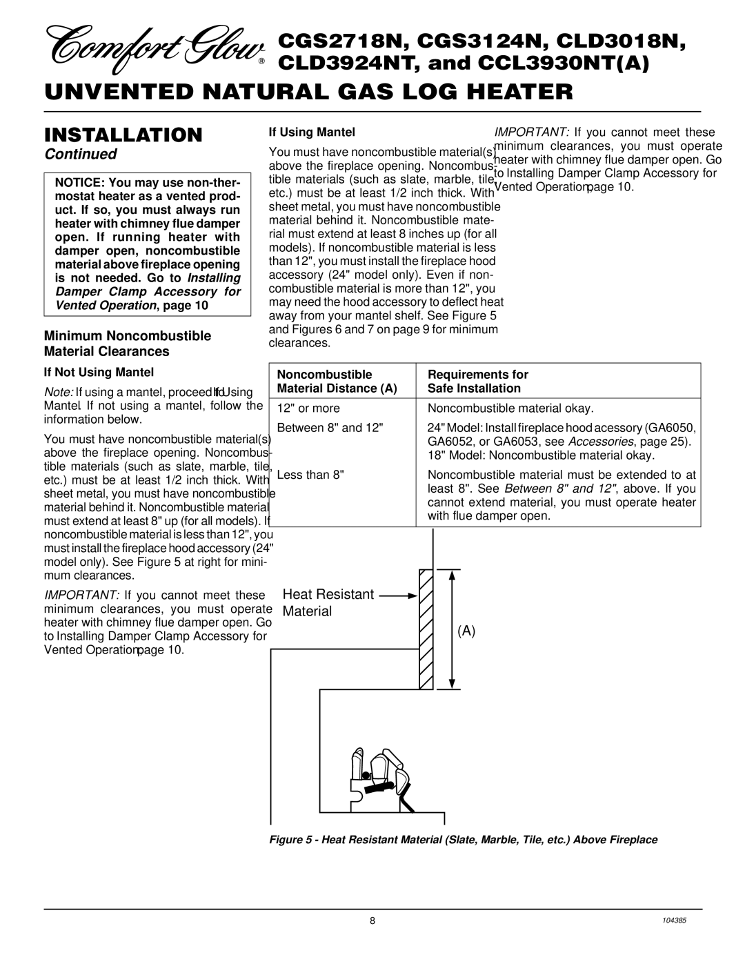 Desa CCL3930NT(A), CLD3018N, CLD3924NT Minimum Noncombustible Material Clearances, If Using Mantel, If Not Using Mantel 