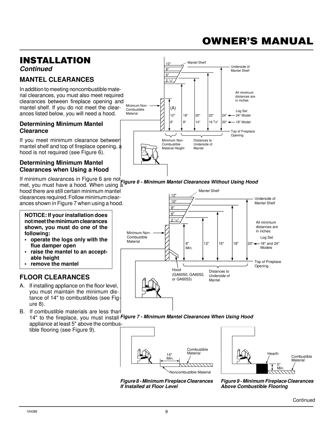 Desa CLD3018N, CLD3924NT, CCL3930NT(A) Mantel Clearances, Floor Clearances, Determining Minimum Mantel Clearance 